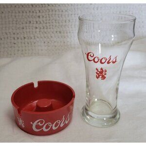 Vintage Coors Beer Red Ashtray Ornamin + Pilsner drinking glass w/logo LOT of 2